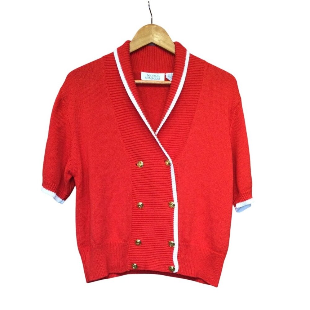 Nicole Summers Red Short Sleeve Cardigan Sweater L Gold Button Front Preppy